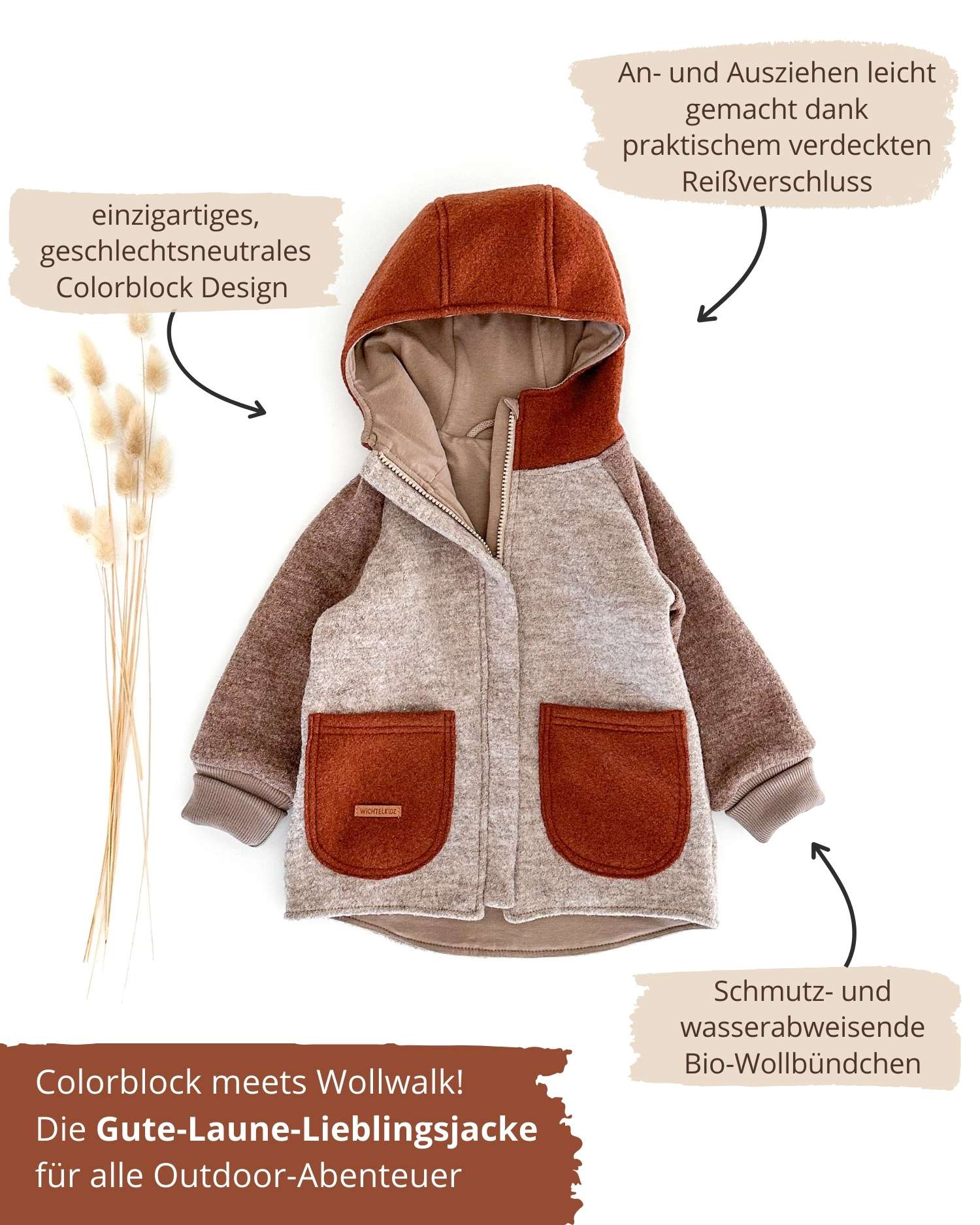 neutrale Boho Colorblock Kinder Walkjacke aus Schurwolle